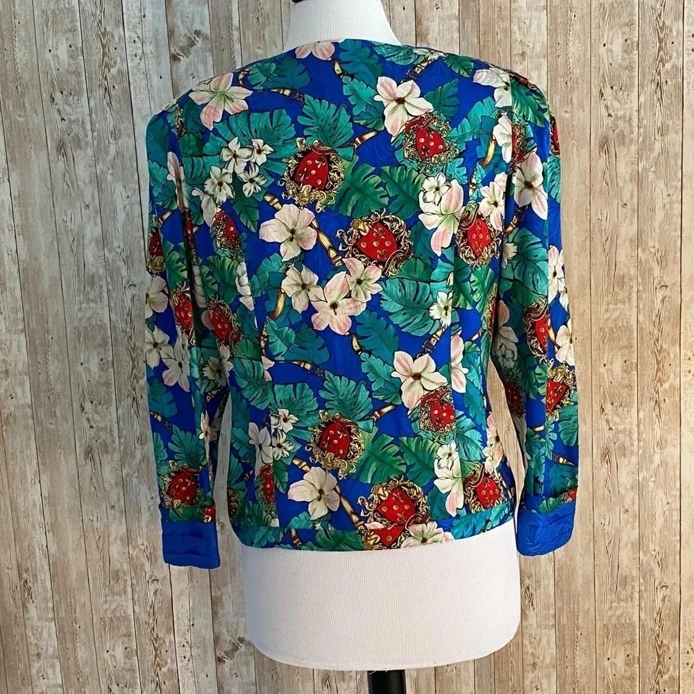 Diane Freis Vintage 80s Floral Silk Blouse With Gold Buttons - Picture 5 of 10